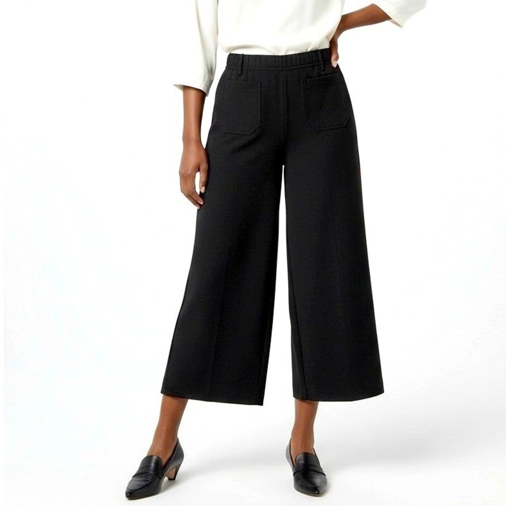 TAHARI Women Black Wide Leg‎ Cropped Pants Size 10 Viscose Blend Elastic Waist